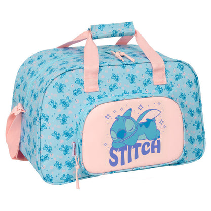 Bolsa de deporte azul Stitch Ohana Disney con bolsillo frontal rosa