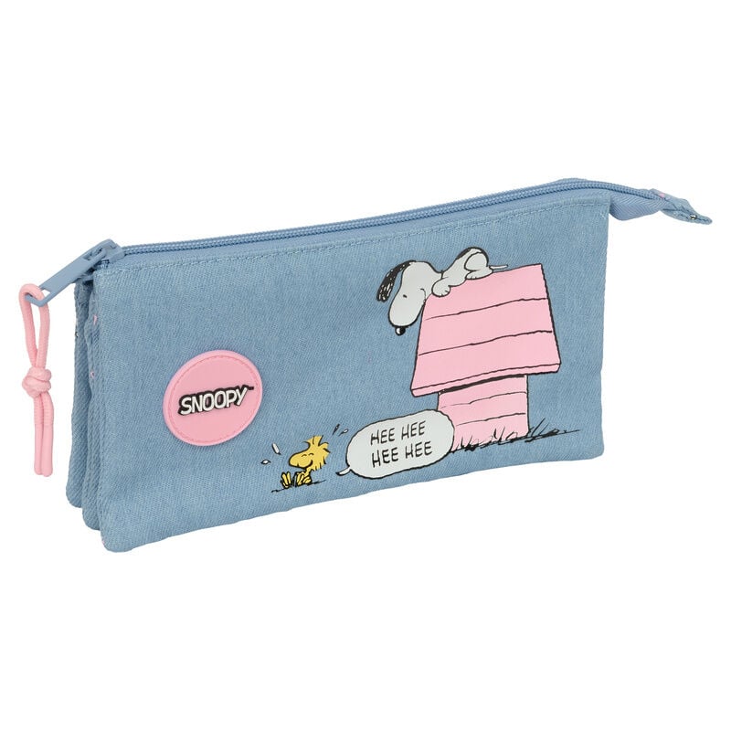 Portatodo triple azul de Snoopy y Woodstock con tres cremalleras