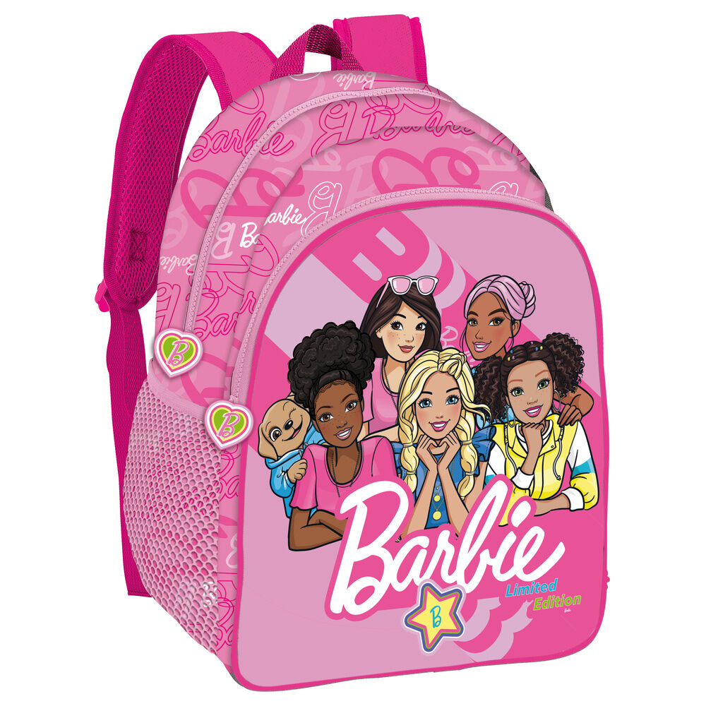 Mochila escolar rosa de Barbie con varios personajes y bolsillos