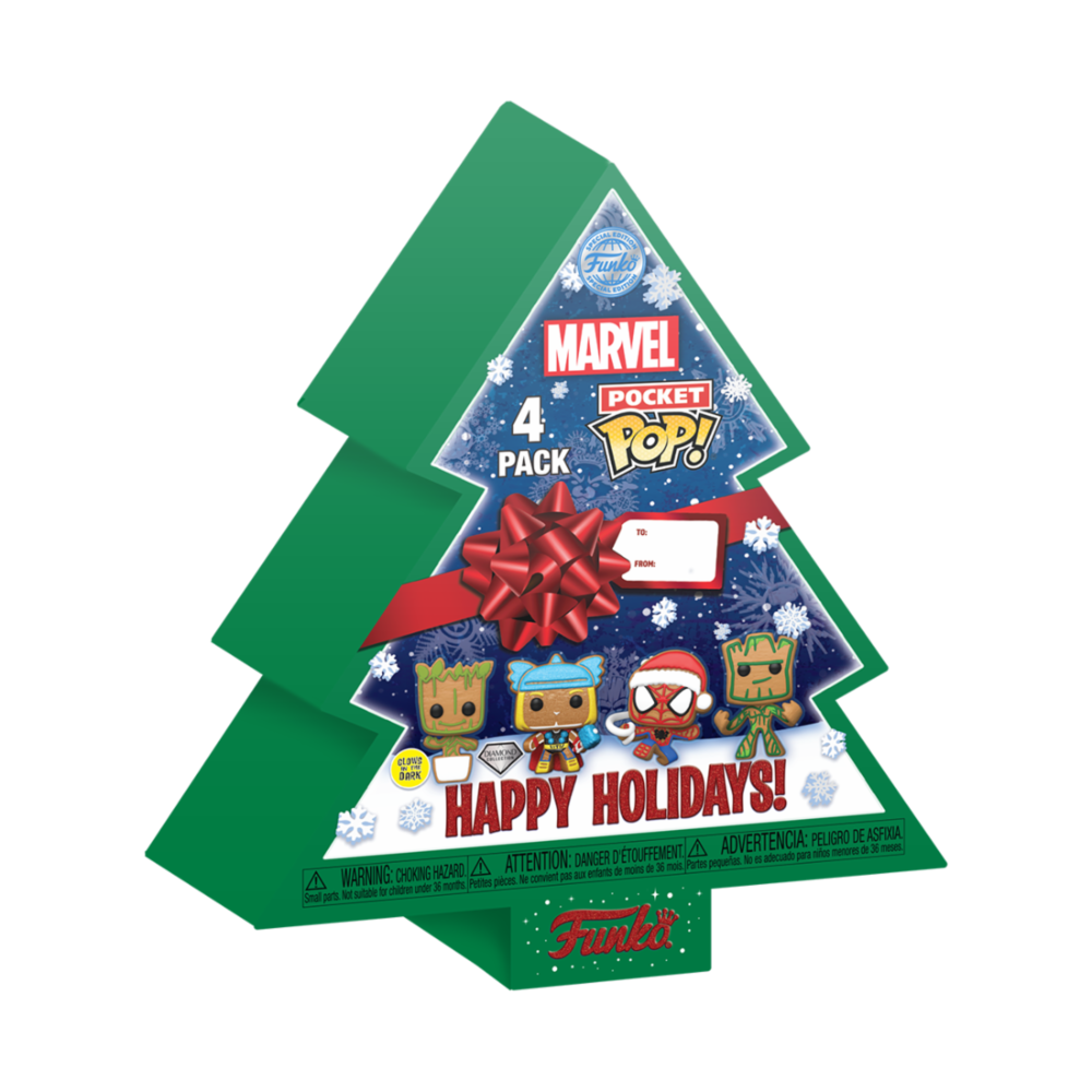 Set FUNKO Marvel Pocket POP! con cuatro figuras en árbol de Navidad