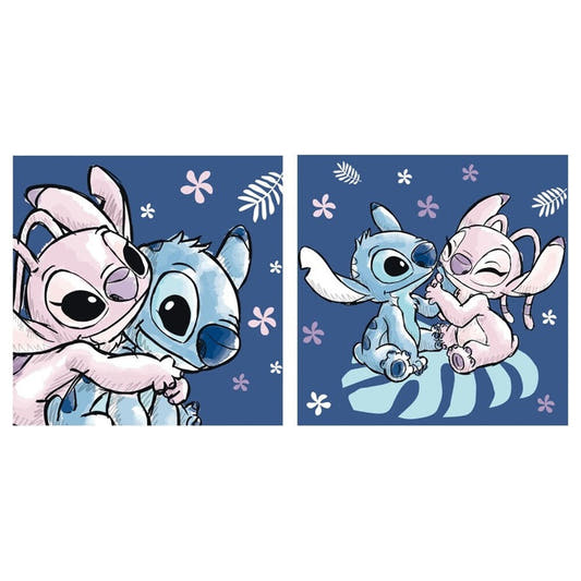 Cojín Disney de Stitch y Angel con fondo azul y flores