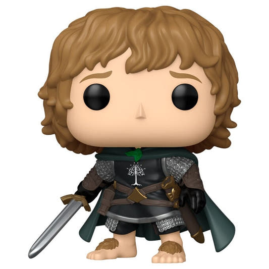Figura Funko POP! de Peregrin Took con capa verde, armadura y espada