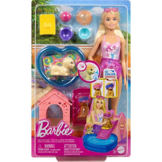 Muñeca Barbie con dos perritos, piscina de corazón y tobogán