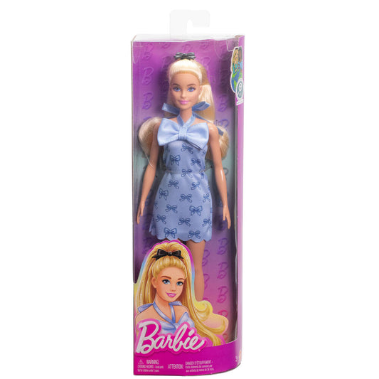Muñeca Barbie Fashionistas rubia con vestido azul de lazos