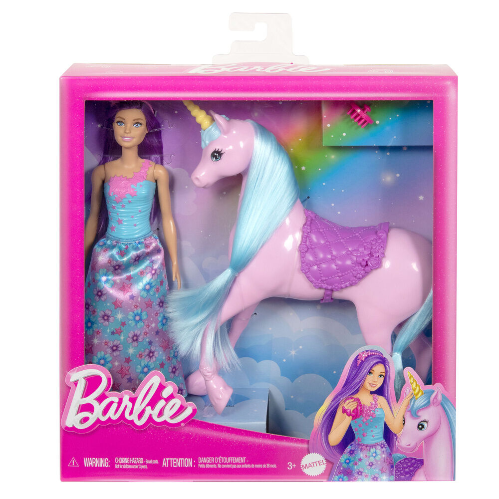 Muñeca Barbie con unicornio rosa, silla de montar y melena turquesa