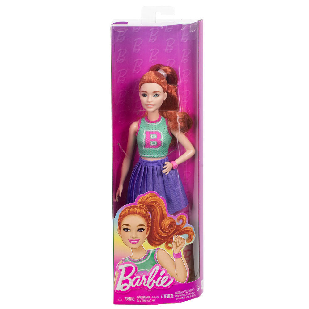 Muñeca Animadora Barbie con pelo rojo, top deportivo y falda morada