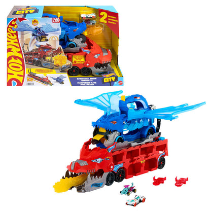 Transportador Hot Wheels City rojo y azul con dos dragones y coches