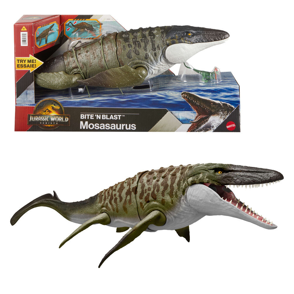 Figura MATTEL del Mosasaurio Mordedor de Jurassic World con minifigura de Dilofosaurio