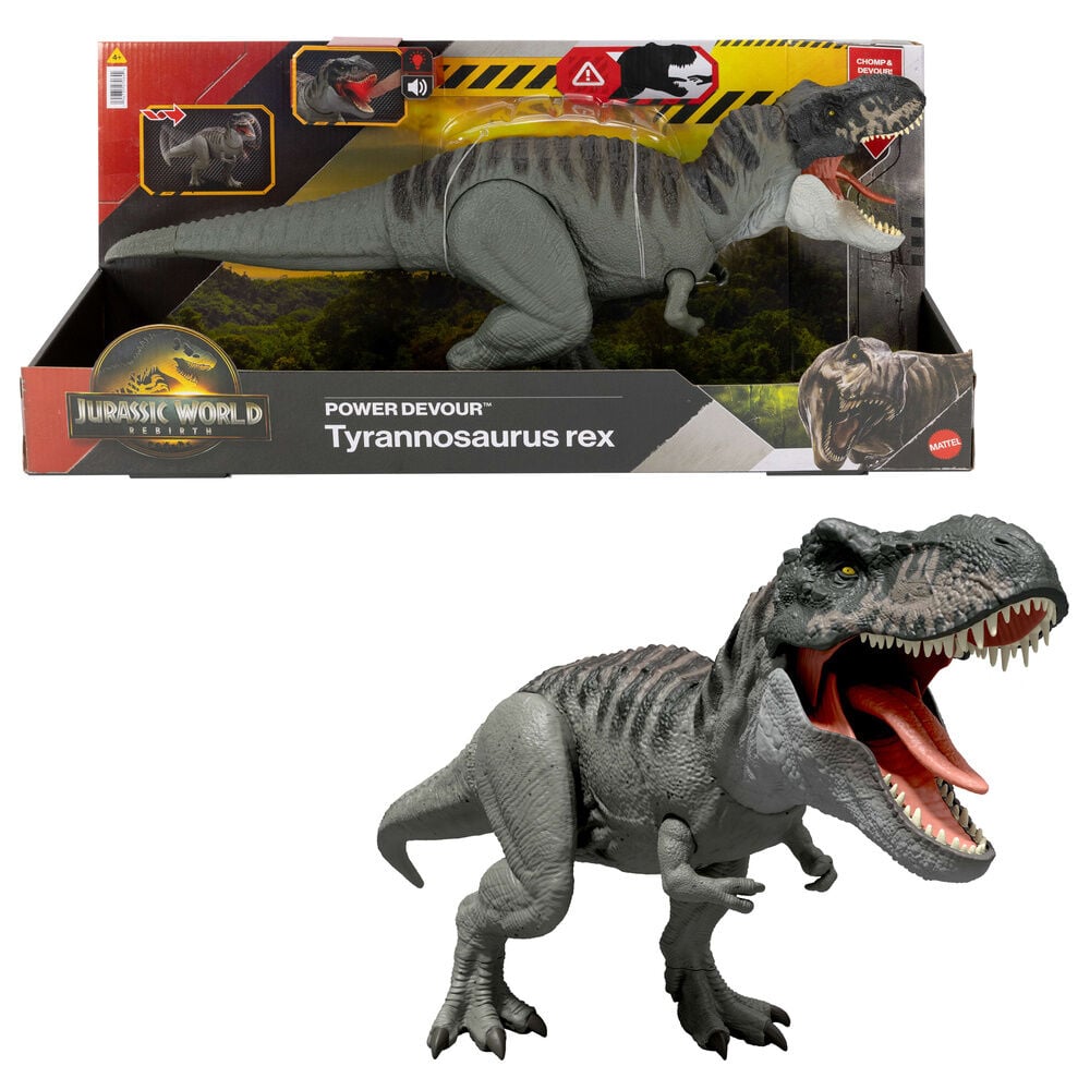 Dinosaurio T-Rex Mattel Jurassic World Power Devour con la mandíbula abierta