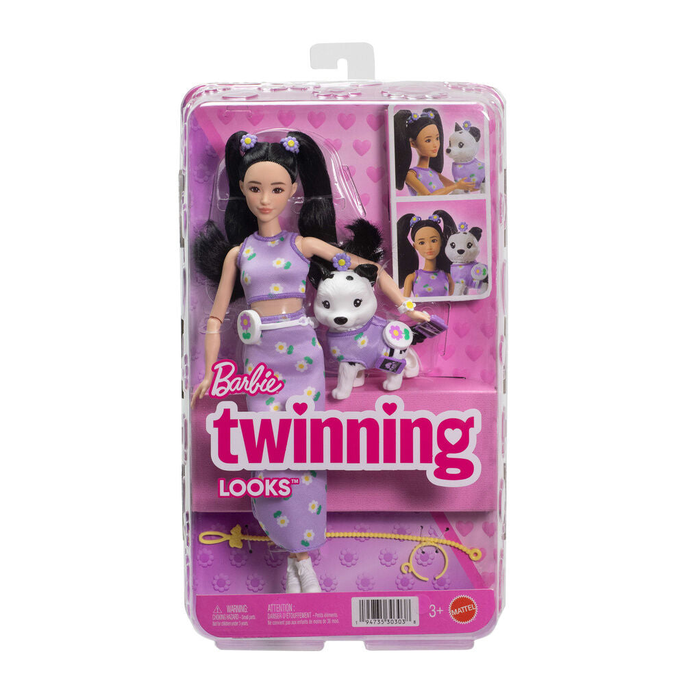 Muñeca Barbie Twinning Looks asiática con cachorro y conjuntos morados de margaritas