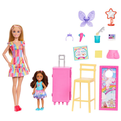 Set Barbie con dos muñecas, puesto de maquillaje y accesorios