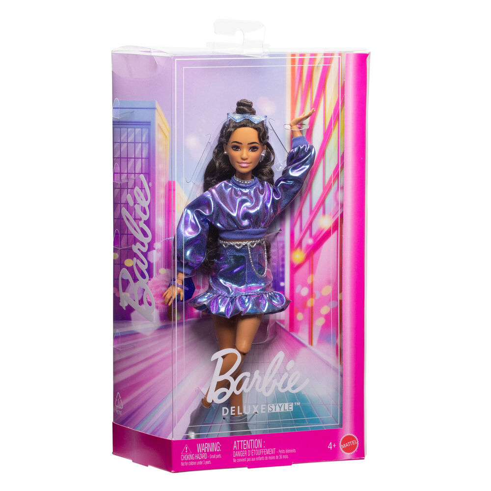 Muñeca Barbie Deluxe Style con conjunto metalizado azul y accesorios