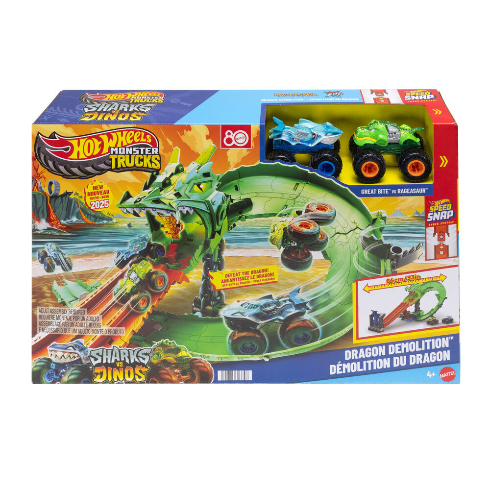 Pista Hot Wheels Monster Trucks Dragon Destruction con dragón verde y dos camiones