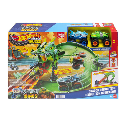 Pista Hot Wheels Monster Trucks Dragon Destruction con dragón verde y dos camiones