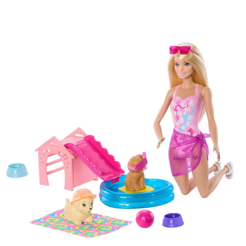 Muñeca Barbie con dos perritos, piscina de corazón y tobogán - 2