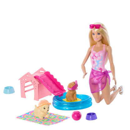 Muñeca Barbie con dos perritos, piscina de corazón y tobogán - 2