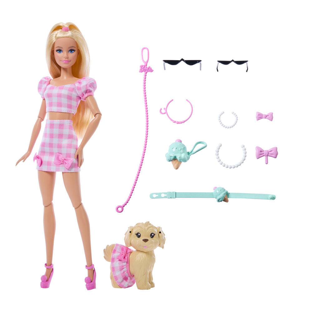 Muñeca Barbie Malibu con cachorro y conjuntos de cuadros rosas a juego - 2