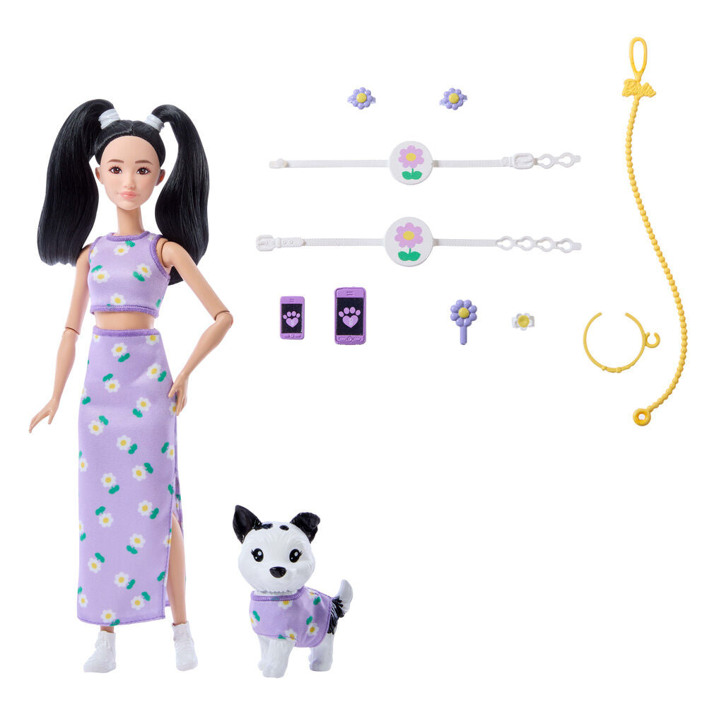Muñeca Barbie Twinning Looks asiática con cachorro y conjuntos morados de margaritas - 2