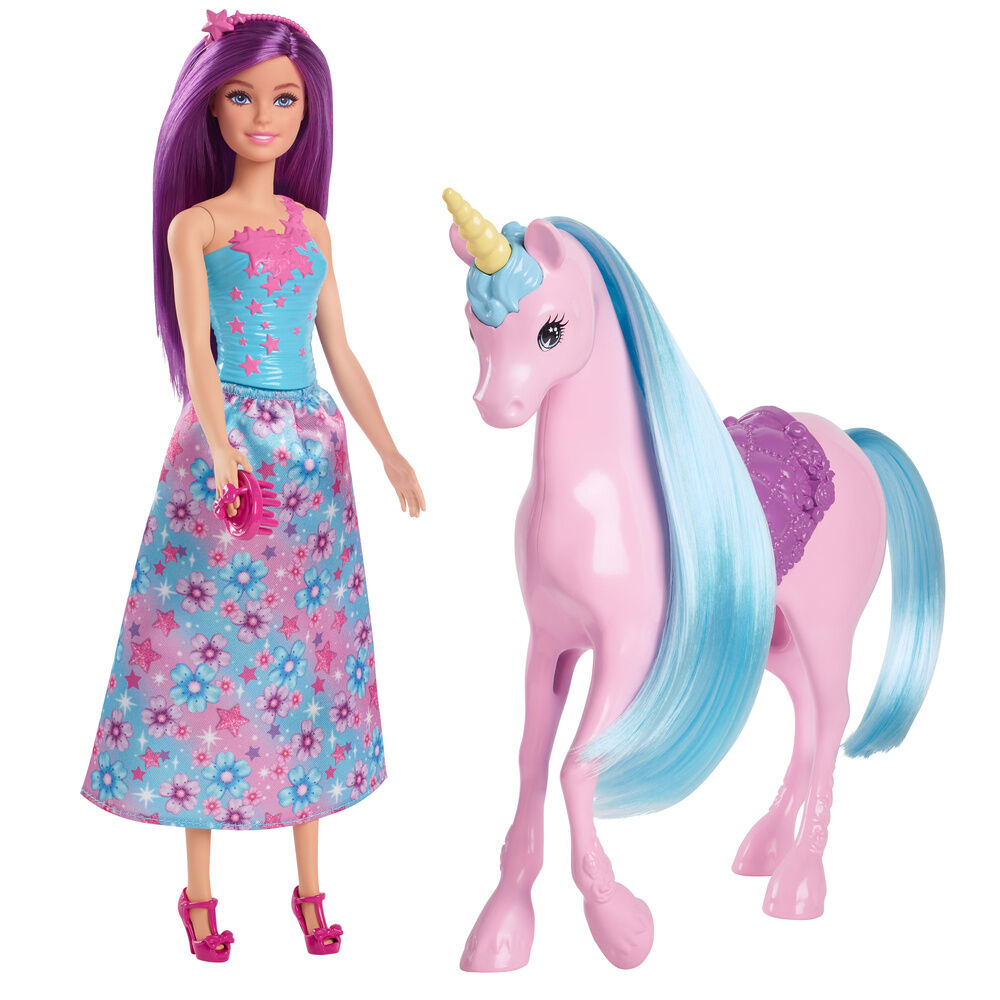 Muñeca Barbie con unicornio rosa, silla de montar y melena turquesa - 2