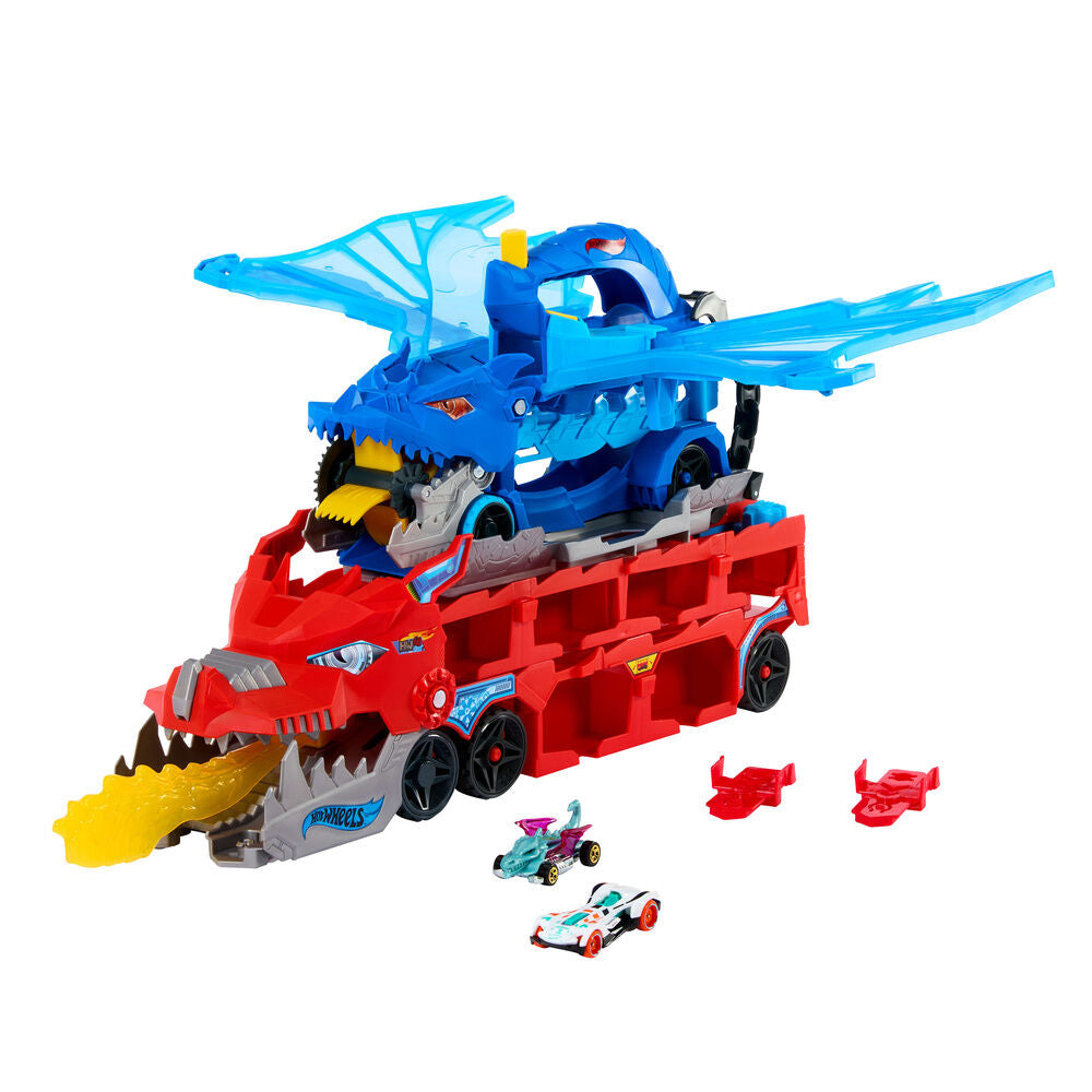 Transportador Hot Wheels City rojo y azul con dos dragones y coches - 2