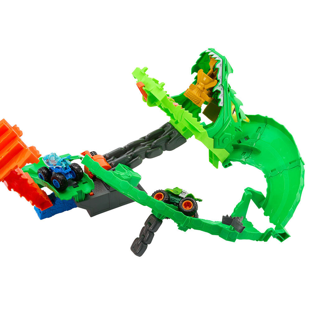 Pista Hot Wheels Monster Trucks Dragon Destruction con dragón verde y dos camiones - 2