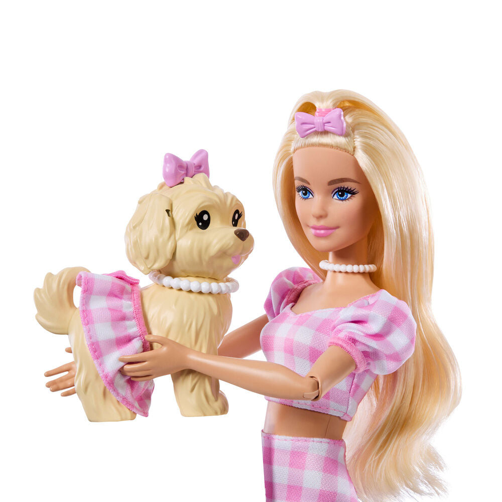 Muñeca Barbie Malibu con cachorro y conjuntos de cuadros rosas a juego - 3