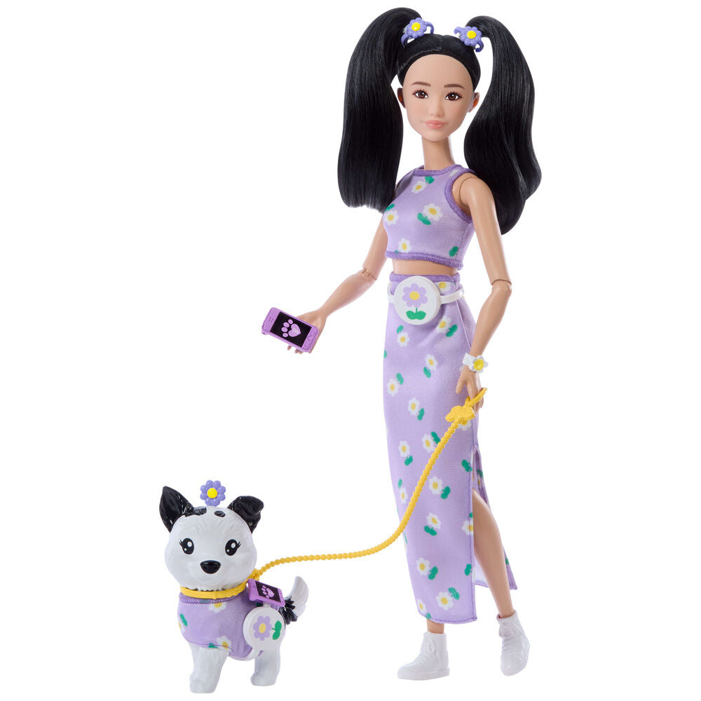 Muñeca Barbie Twinning Looks asiática con cachorro y conjuntos morados de margaritas - 3