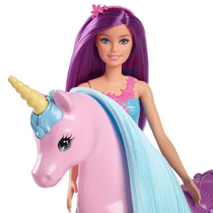 Muñeca Barbie con unicornio rosa, silla de montar y melena turquesa - 3