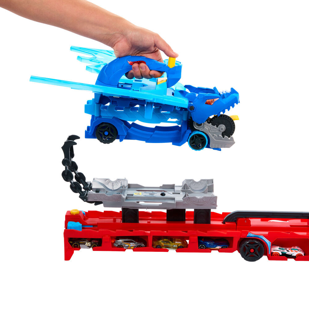 Transportador Hot Wheels City rojo y azul con dos dragones y coches - 3