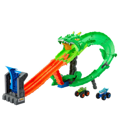 Pista Hot Wheels Monster Trucks Dragon Destruction con dragón verde y dos camiones - 3