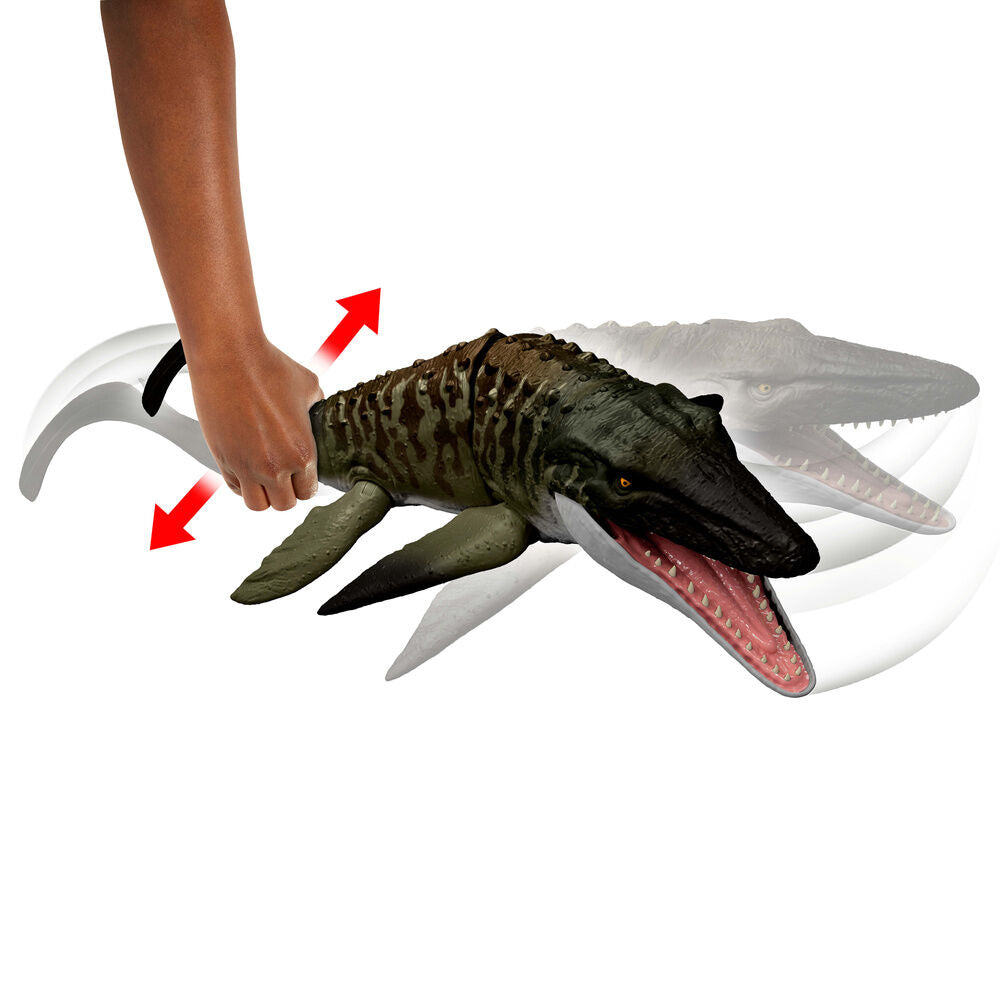 Figura MATTEL del Mosasaurio Mordedor de Jurassic World con minifigura de Dilofosaurio - 3