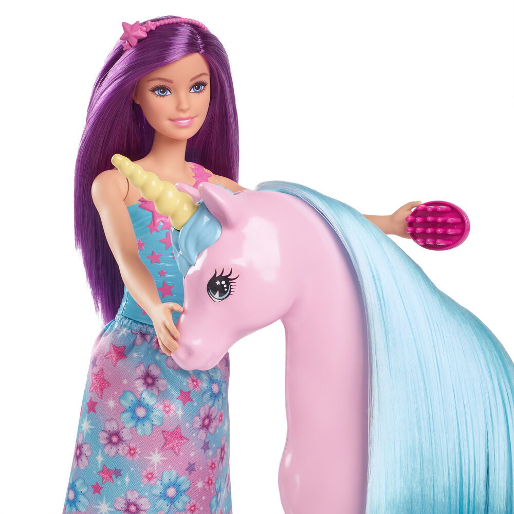 Muñeca Barbie con unicornio rosa, silla de montar y melena turquesa - 4