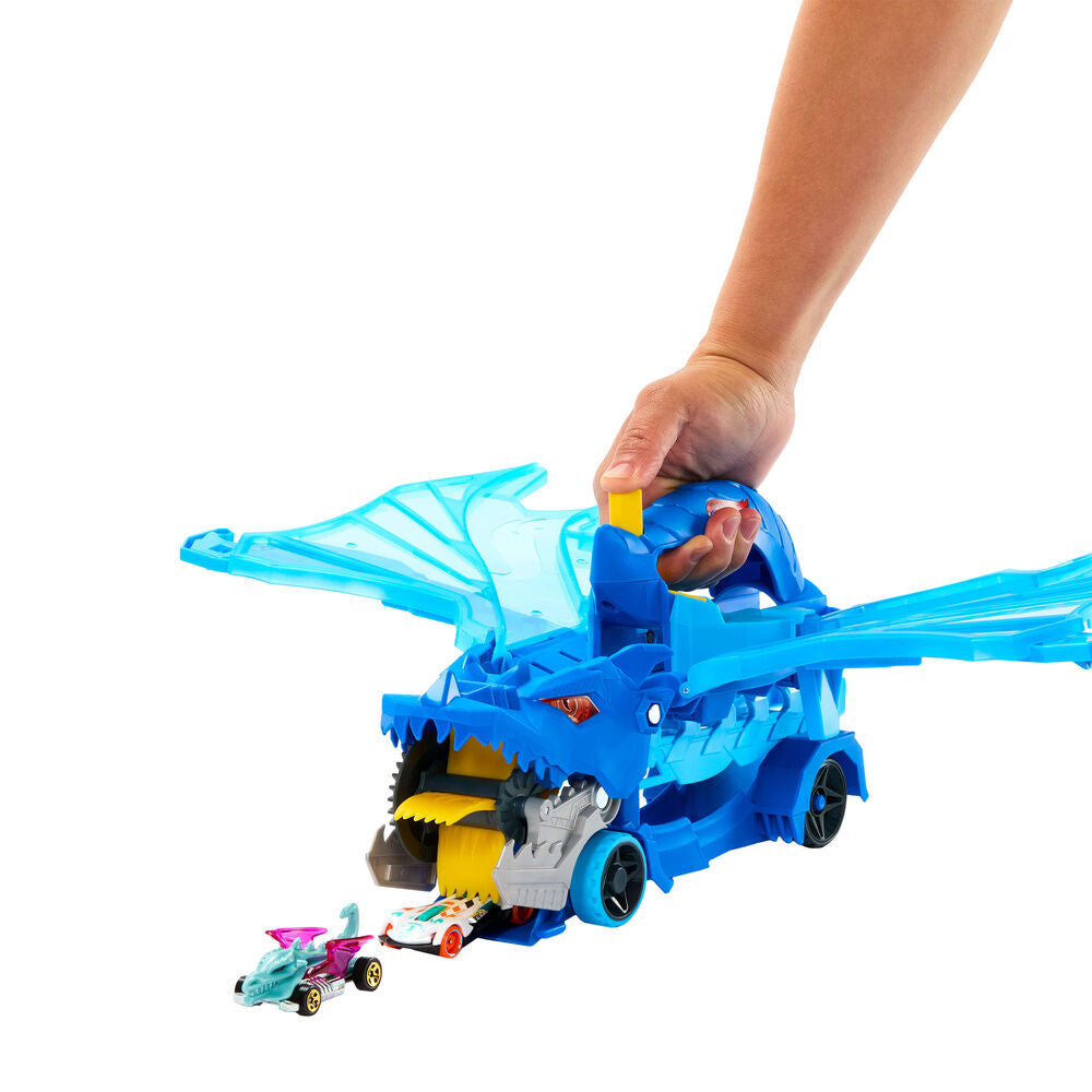 Transportador Hot Wheels City rojo y azul con dos dragones y coches - 4
