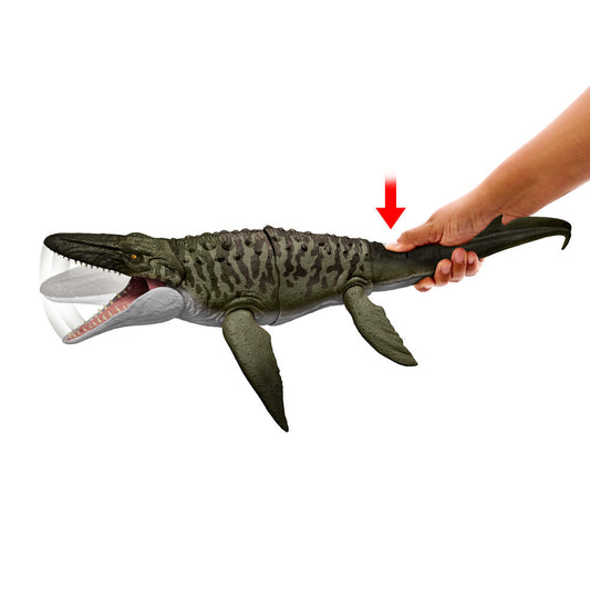 Figura MATTEL del Mosasaurio Mordedor de Jurassic World con minifigura de Dilofosaurio - 4