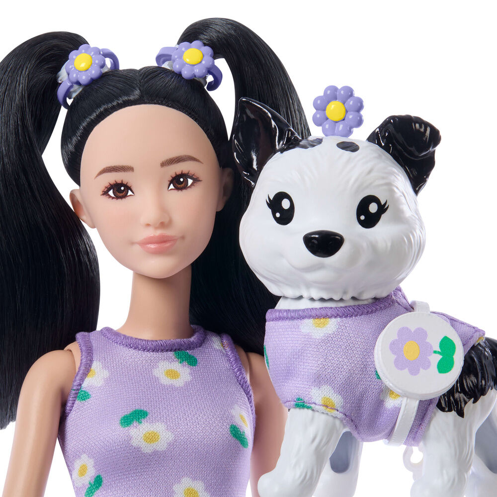 Muñeca Barbie Twinning Looks asiática con cachorro y conjuntos morados de margaritas - 4