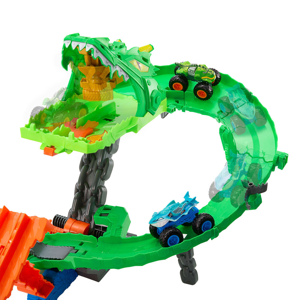 Pista Hot Wheels Monster Trucks Dragon Destruction con dragón verde y dos camiones - 4