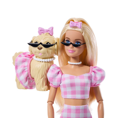 Muñeca Barbie Malibu con cachorro y conjuntos de cuadros rosas a juego - 5