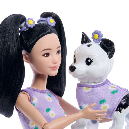 Muñeca Barbie Twinning Looks asiática con cachorro y conjuntos morados de margaritas - 5