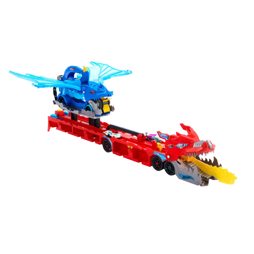 Transportador Hot Wheels City rojo y azul con dos dragones y coches - 5