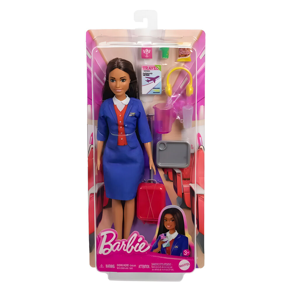 Muñeca Barbie azafata morena con uniforme azul, maleta y accesorios