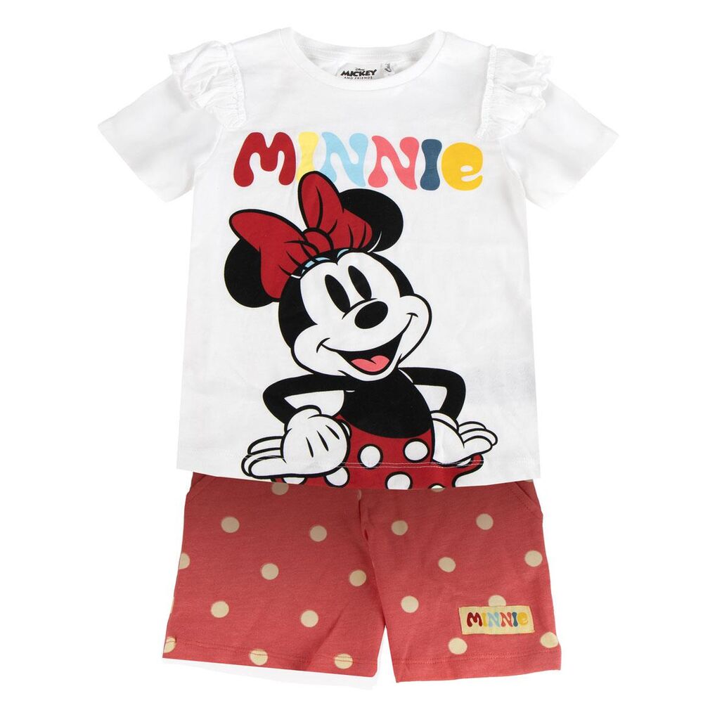 Conjunto infantil de Minnie Disney con camiseta blanca y shorts rojos de lunares