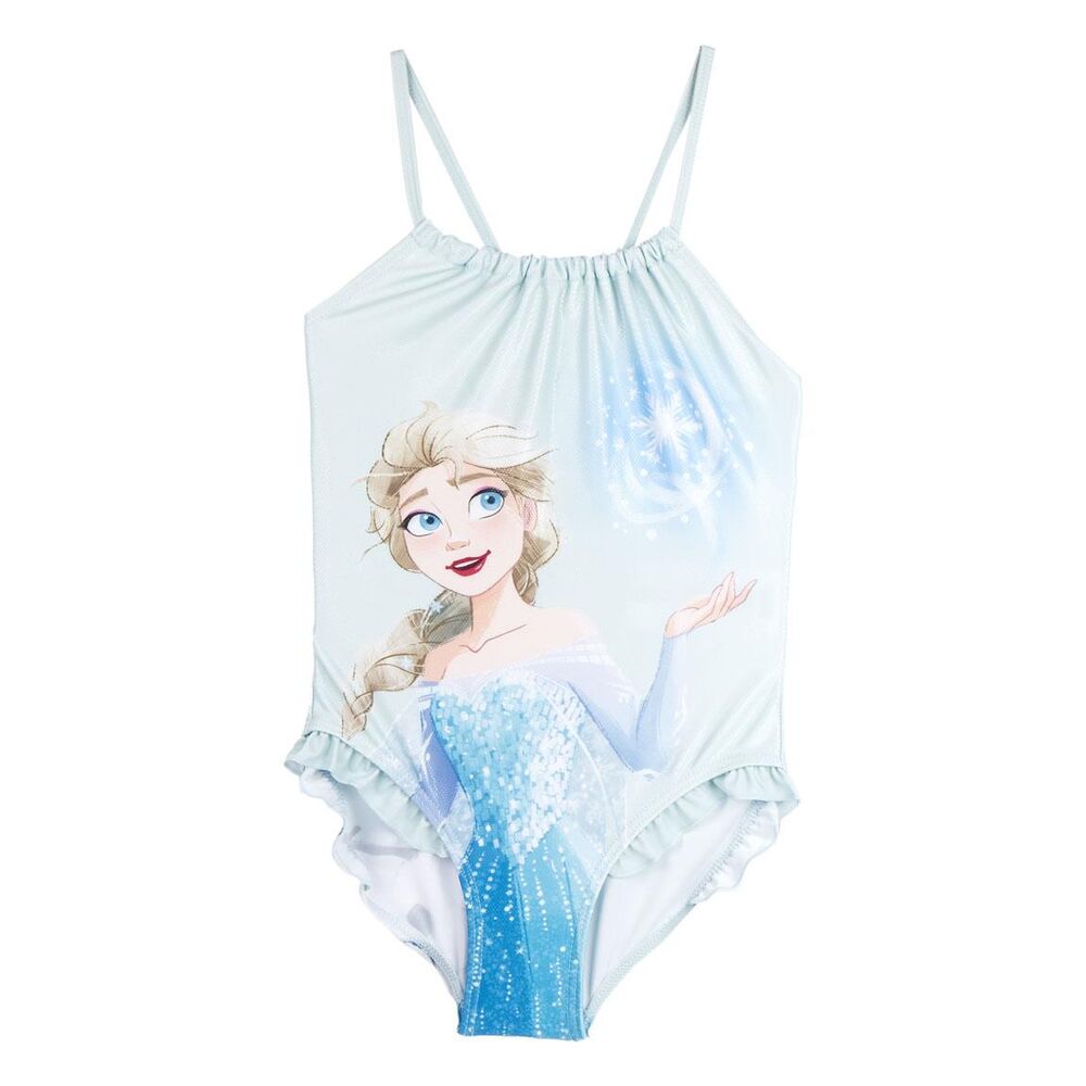 Bañador infantil Frozen Disney azul claro con Elsa y volantes