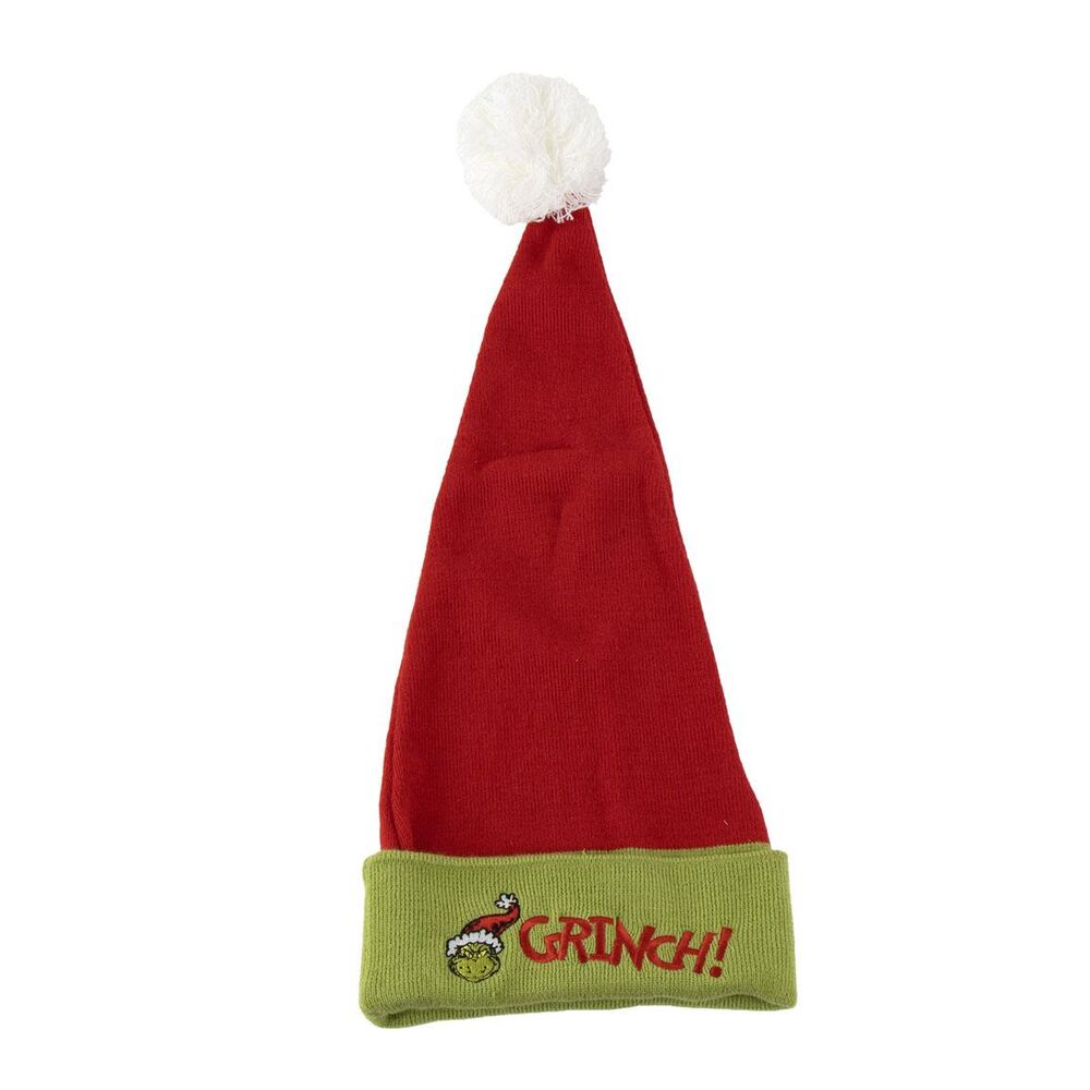 Gorro navideño rojo y verde de El Grinch con pompón blanco