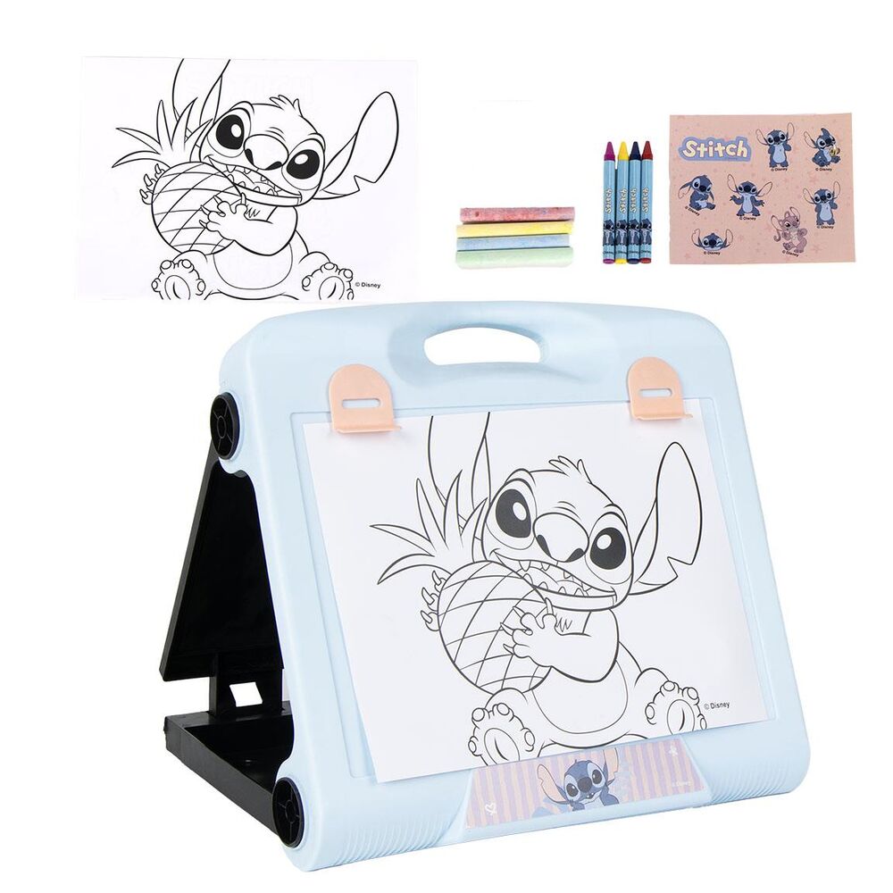 Set de papelería portátil Stitch Disney azul con lámina y ceras de colores