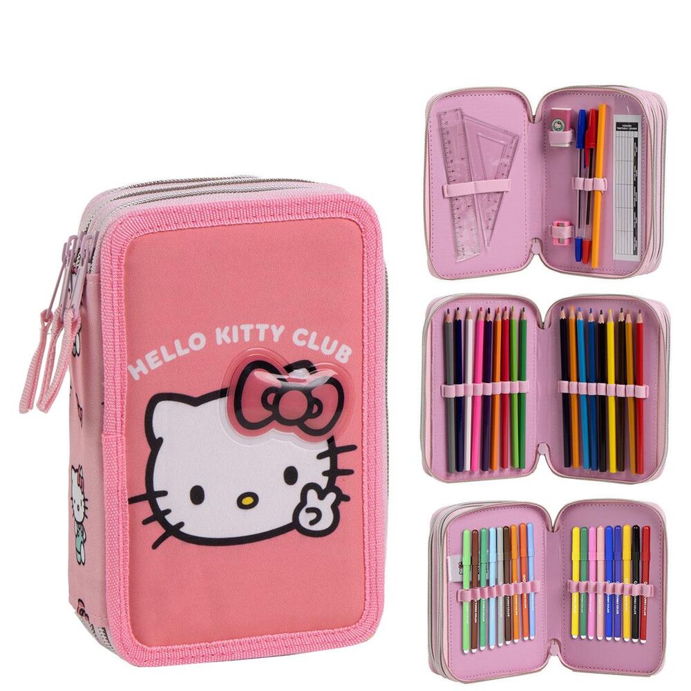 Plumier triple completo rosa de Hello Kitty con material escolar