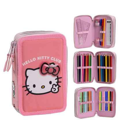 Plumier triple completo rosa de Hello Kitty con material escolar