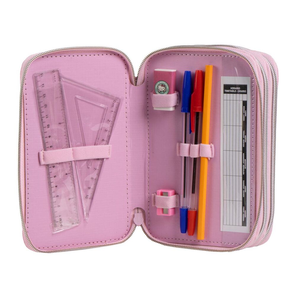 Plumier triple completo rosa de Hello Kitty con material escolar - 2