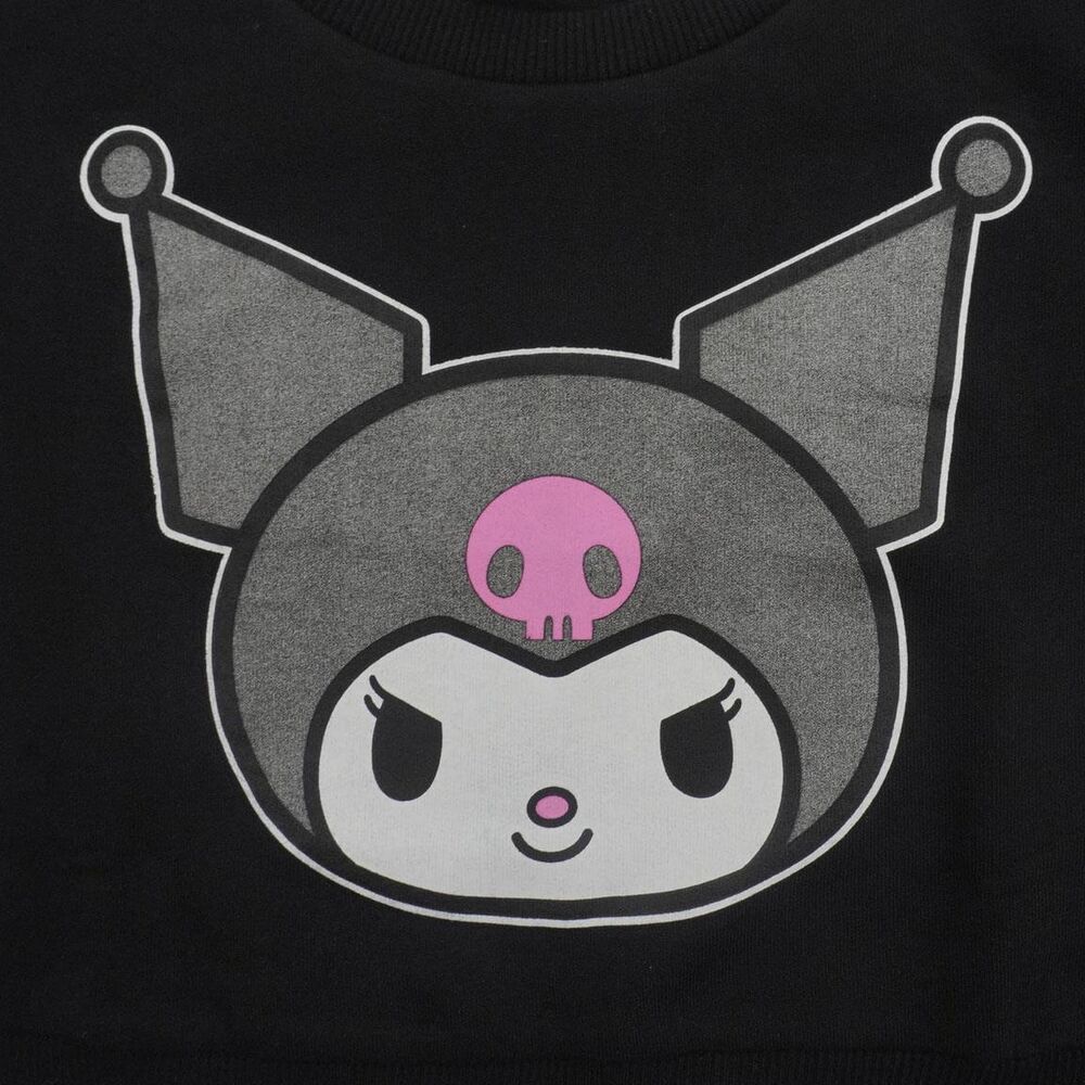 Sudadera negra de Kuromi Hello Kitty con estampado frontal y texto rosa en la manga - 2