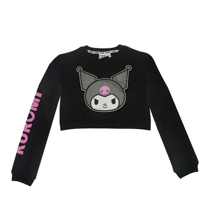 Sudadera negra de Kuromi Hello Kitty con estampado frontal y texto rosa en la manga