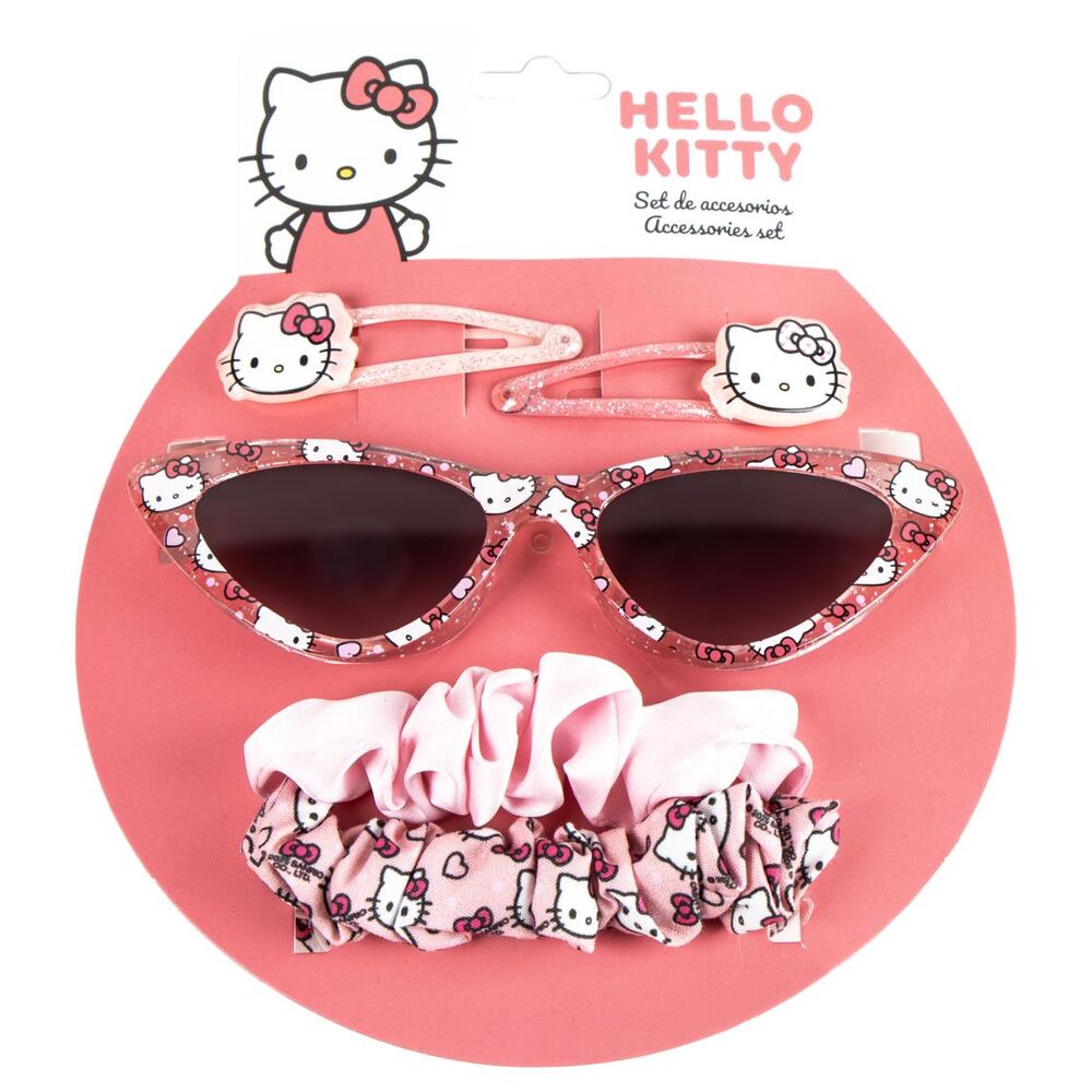 Set de belleza Hello Kitty con gafas de sol rosas, pinzas y coleteros